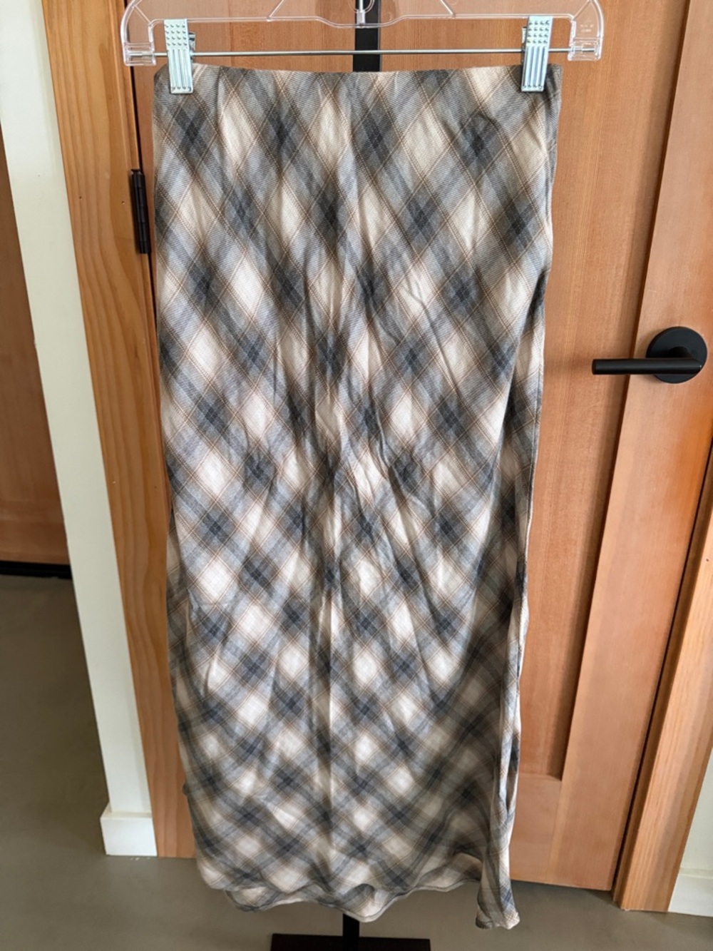 Plaid Midi Skirt in Beige and Gray